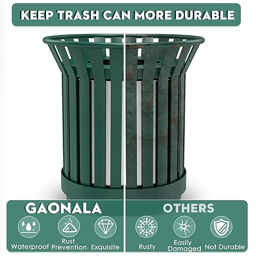 27.6IN Round Large Outdoor Trash Can, Heavy Duty Metal Slatted Garbage Can Outdoor, All Weather Resistant Commercial Garbage Cans, Waste Receptacle in Park, School, Beach, Patio, Green