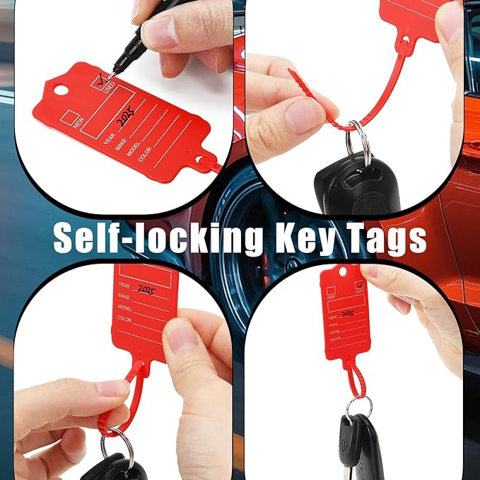 100 Car Key Tags with Labels Plastic Car Dealership Key Tags Self Locking Automotive Identifiers Blank Shop Labels with One Pen (Red)