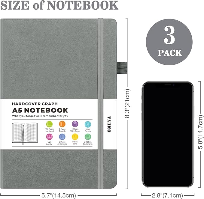 Graph Paper Notebook 3 Pack, A5 Grid Notebook Journal, Graph Notebook with 120gsm Paper, Hardcover Leather Journal for Writing, Grid Paper Notebook for Work, School Supplies, Engineering,5.75" x 8.38"