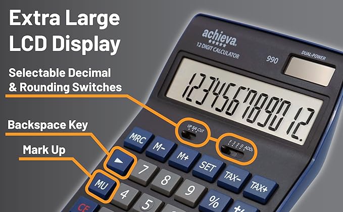 Achieva 12-Digit LCD Display Desktop Calculator | Blue | Mark Up Key, Selectable Decimal & Rounding Switches | Dual Solar/Battery Power | for Home, Office, School (990)