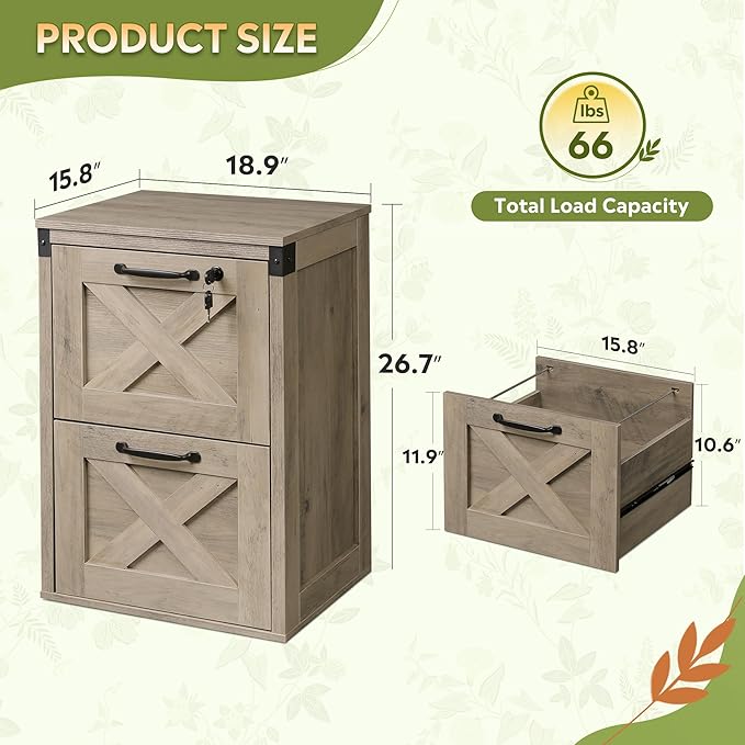 DEVAISE 2 Drawer File Cabinet with Lock, Wood Farmhouse Filing Cabinet for Home Office, Printer Stand Fits Letter and A4 Size, Gray Oak
