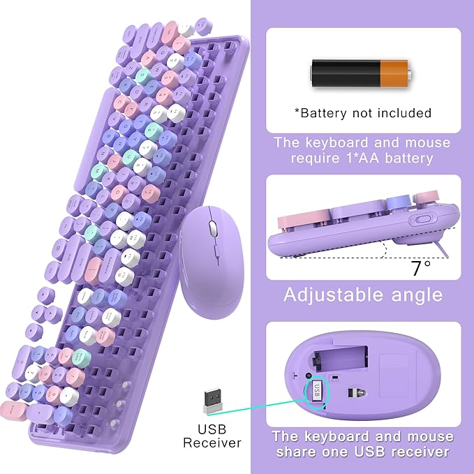 Colorful Wireless Computer Keyboard and Mouse Combo with Round Typewriter Keycaps, Retro Design, Power Switch, Ergonomic Design, 2.4GHz Wireless for Windows, Mac, PC(Purple-Colorful)