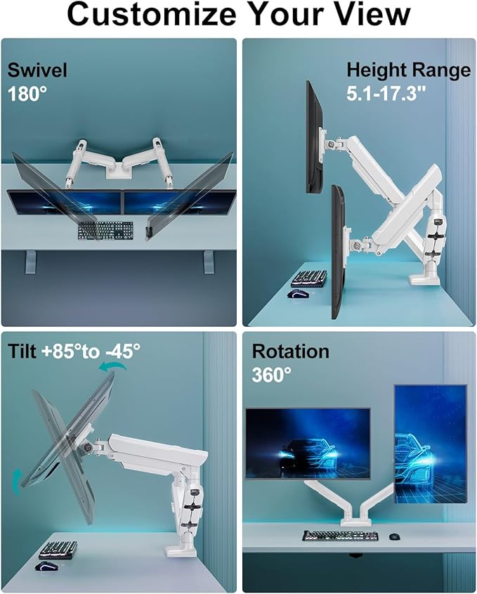 Dual Monitor Mount for 2 Monitors up to 32 inches, Height Adjustable Gas Spring Double Monitor Stand, Two Display Desk Mount Holder, Each Monitor Arm Holds Max 22lbs, VESA Mount, White, Freelift Pro