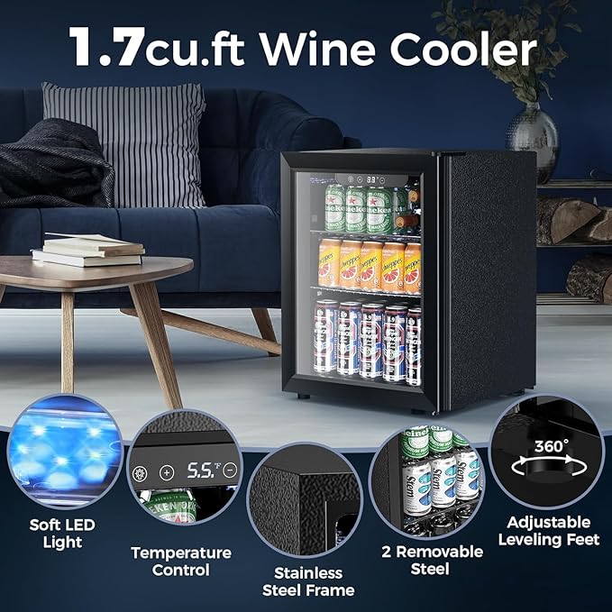 1.7 Cu.ft Beverage Refrigerator Cooler, 68 Can Mini Fridge Glass Door with Adjustable Shelves, Digital Temperature Display, Freestanding Small Drink Fridge for Home, Office or Bar(Black)