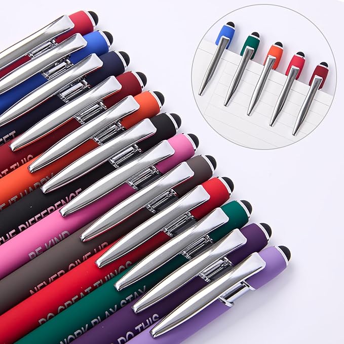 Funny Pens - 12 Pack Fine Point Smooth Writing Pens with Inspirational Tips, Black Ink, Touch Stylus Screens, Motivational Gift for Office & Desk Accessories