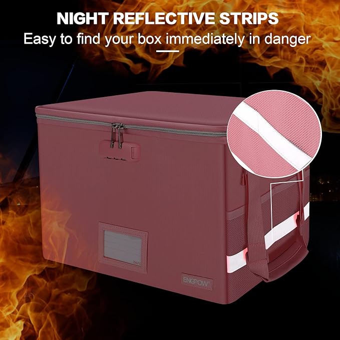 ENGPOW File Box with Lock, Fireproof Document Box with Pockets, Collapsible File Organizer Filing Storage Cabinet with Handle, Portable Home Office Safe for Hanging Letter/Legal Folders, Pink, 2 Pack