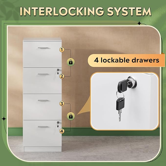 DEVAISE 4 Drawer File Cabinet with Lock, Vertical Filing Cabinet for A4/Letter Size Files, Wood Storage Organizer for Home Office, White