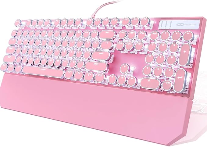 Camiysn Typewriter Style Mechanical Gaming Keyboard, Pink Retro Punk Gaming Keyboard with White Backlit, 104 Keys Blue Switch Wired Cute Keyboards, Round Keycaps for Windows/Mac/PC