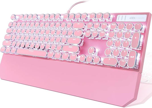 Camiysn Typewriter Style Mechanical Gaming Keyboard, Pink Retro Punk Gaming Keyboard with White Backlit, 104 Keys Blue Switch Wired Cute Keyboards, Round Keycaps for Windows/Mac/PC
