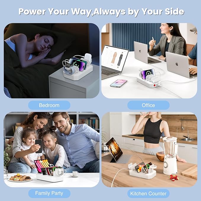 190W Fast Charging Station for Multiple Devices【Certified Safer Charging】 6 Port USB Charger Station - Family Multi-Device Organizer Charging Dock Compatible with iPhone/Android/MacBook/iPad/Tablet