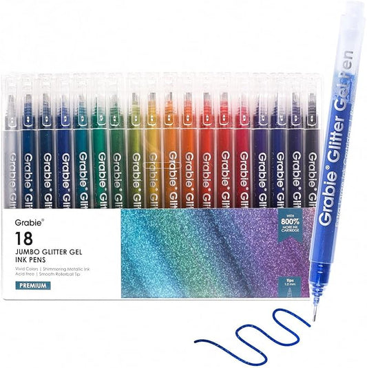 Grabie Jumbo Glitter Gel Ink Pen Set Of 18, Metallic Vibrant Sparkle Gel Pens for Coloring, Sparkle Markers, Glitter Pens for Adults (18 Colors Jumbo Gel Pens)
