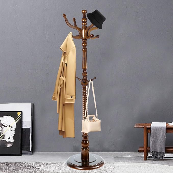 Coat Racks FreeStanding with 11 Hooks, Natural Wood Coat Rack with Solid Round Base, Adjustable Height Coat Racks, Easy Assembly for Hallway, Bedroom and Office (Walnut-Solid Round Base)
