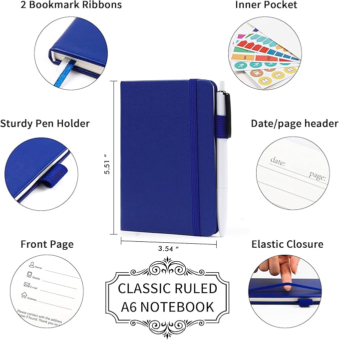 feela 6 Pack Pocket Mini Notebooks Bulk, Small Cute Memo Notepads Hardcover College Ruled Lined Journals with Pen Holder for School Business Work, with 6 Black Pens, 3.5”x 5.5”, A6, Navy