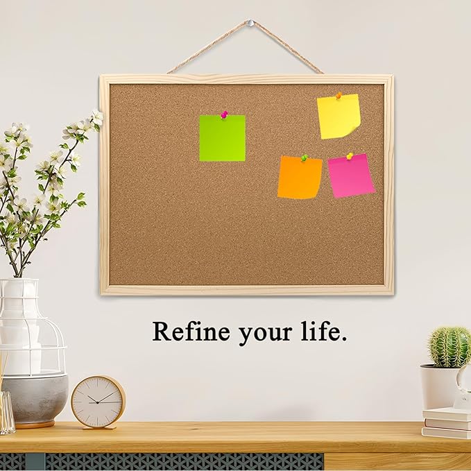 Cork Bulletin Board, 17.7X 13.3 Inches with Oak Wood Finish Frame, Wall Mounted for Office Home and School(Pins, Eye Bolts, gaskets, Screws)