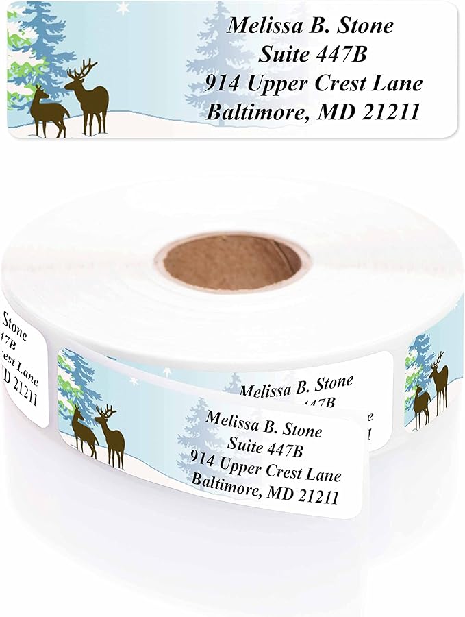 Festive Deer Designer Rolled Address Labels with Elegant Plastic Dispenser