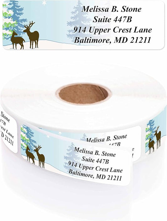 Festive Deer Designer Rolled Address Labels with Elegant Plastic Dispenser