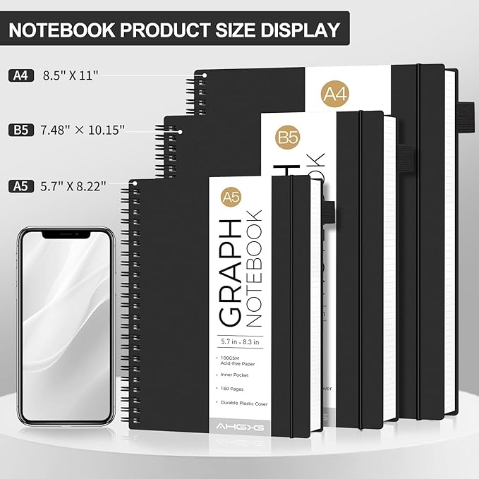 AHGXG Graph Paper Notebook - Spiral Notebook Journal 7.6" x 10", B5 Large Graph Notebook, 140 Pages, 100 gsm Thick Grid Paper, Waterproof Plastic Cover, for School Writing Engineering, Black