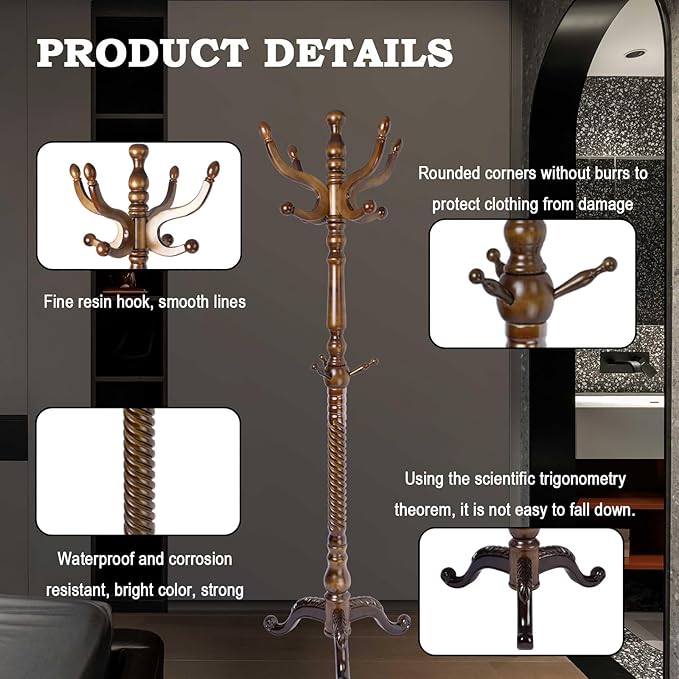 Coat Racks FreeStanding with 11 Hooks, Natural Wood Coat Rack with Tri-Legged Base, Adjustable Height Coat Racks, Easy Assembly for Hallway, Bedroom and Office (Walnut-Tri-Legged Base)