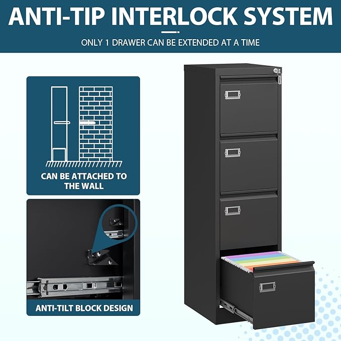 4 Drawer Filing Cabinets with Lock, Metal File Cabinet with 4 Drawers, Home Office File Folders Cabinet for Letter Legal A4 File Size