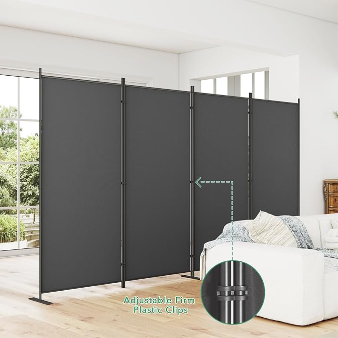 Helios&Hestia 4-Panel 6 ft Tall Indoor Folding Room Divider, Portable Privacy Screen, Freestanding Partition Separator, Temporary Wall Separation for Bedroom, Office, 136" W X 71" H, Dark Grey