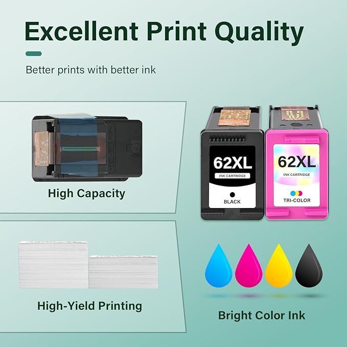 62XL 62 Ink Cartridges Black and Color Combo Pack Remanufactured Replacement for HP 62XL 62 Ink Envy 7640 5660 5540 7645 5740 5746 OfficeJet 250 200 Printer,Black,Tri-Color,2-Pack