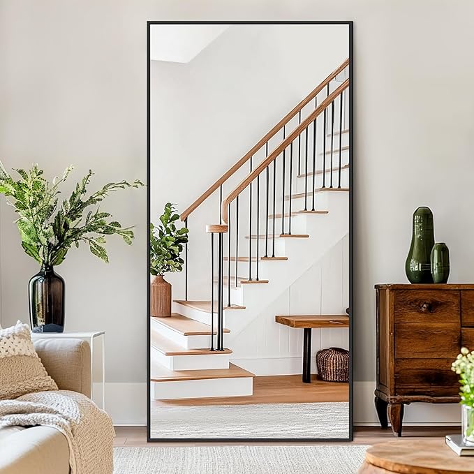 76"X34" Large Floor Mirror Full Length with Stand, Oversized Black Free Standing Full Length Mirror for Bedroom Living Room Home Gym, Rectangular Full Body Mirror, Tempered Glass