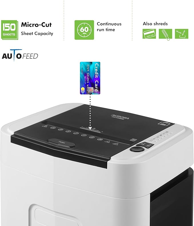 Aurora High Security 150-Sheet Auto Feed Micro-Cut Paper and Credit Card Shredder with 6.3 Gallon Pullout Basket / 60 Minutes/Security Level P-4