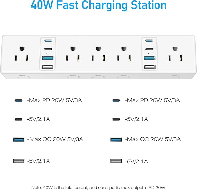 Desk Clamp Power Strip, 40W Fast Charging Station, VILONG Desktop Mount Surge Protector, 8 USB Ports(4 USB-C), 10 AC Outlets and 3Ft Cord, for Home, Office, Fit 1.6" Tabletop Edge