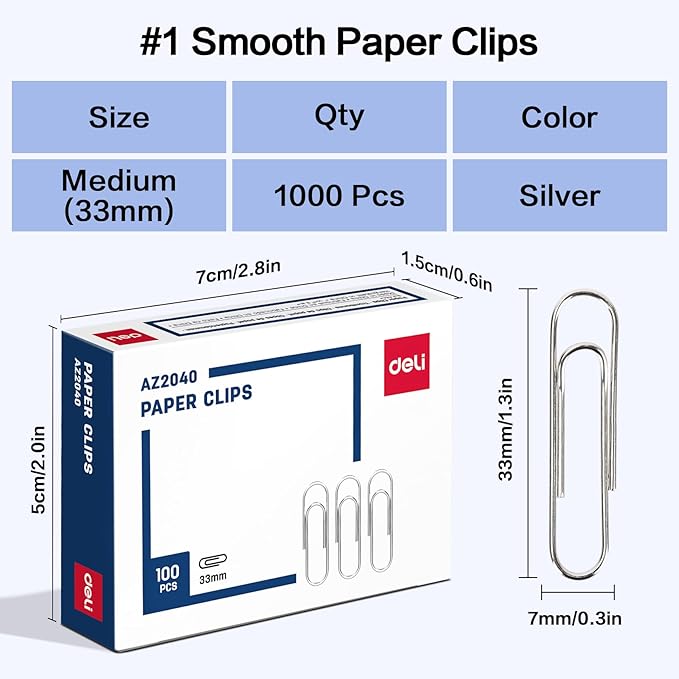 Deli #1 Smooth Paper Clips, 1000 Medium Paper Clips, 10 Boxes of 100 Each, Silver