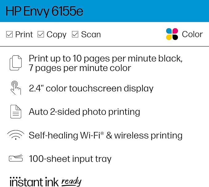 HP Envy 6155e Wireless All-in-One Color Inkjet Printer, Print, scan, Copy, Duplex Printing Best-for-Home, 3 month Instant Ink trial included (714L5A)