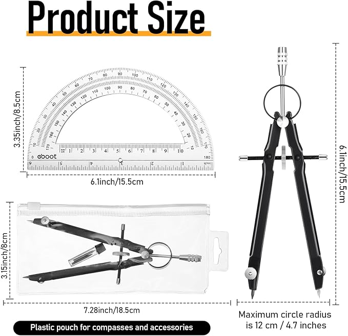 EBOOT Student Geometry Math Set, Drawing Compass and 6 Inch Clear Swing Arm Protractors 180 Degree Math Protractor (Black)