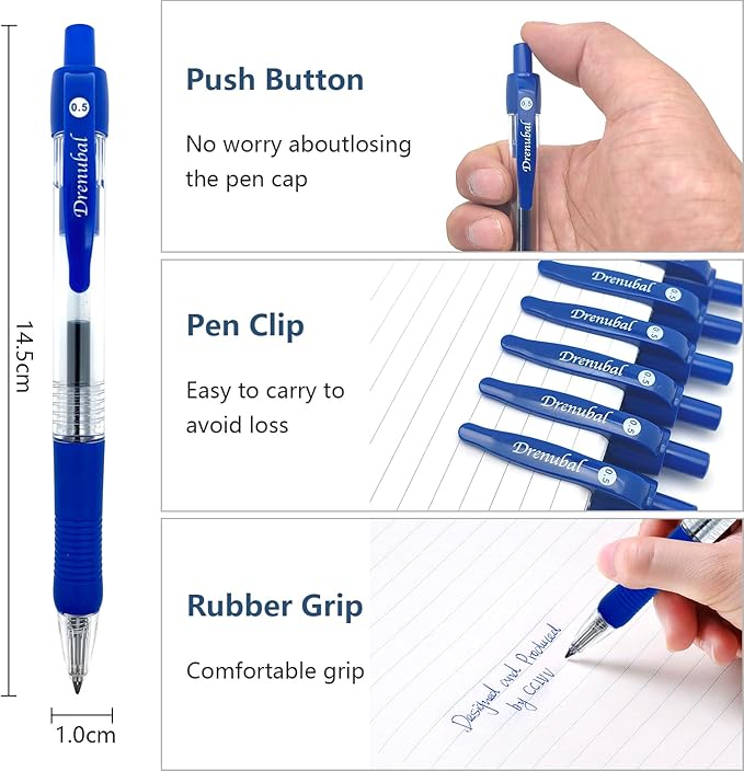 Blue Ballpoint Pens for School Office with Rubber Grip，Fine(0.5mm) Point Retractable-Set of 12 Writing Pens