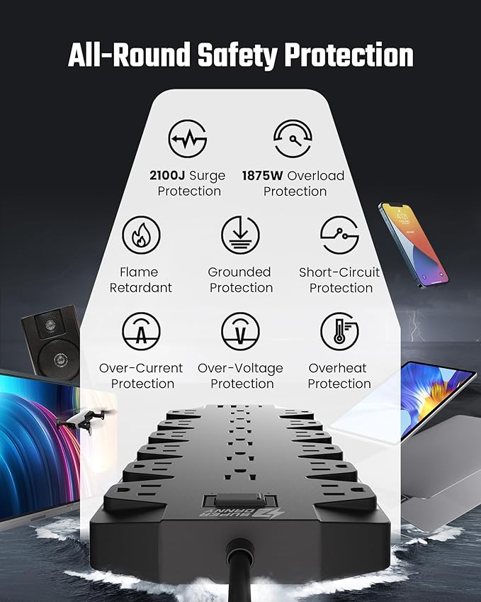 18 Widely Outlets Power Strip, SUPERDANNY Surge Protector with 4 USB Ports, 15FT Flat Plug Heavy Duty Extension Cord, 2100J, 1875W/15A, Wall Mount Holes for Home, Office, Dorm, Black