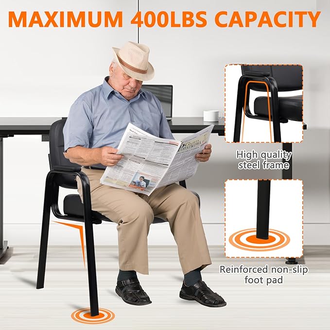 CLATINA Big & Tall 500 lbs Waiting Room Guest Chair, Leather Office Reception Chair No Wheels with Padded Arms for Elderly Home Desk Conference Room Lobby Side Salon Clinic, Black(6 Pack)