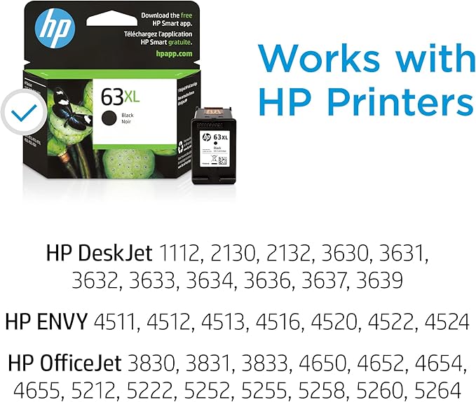 HP 63XL Black High-yield Ink Cartridge | Works with HP DeskJet 1112, 2130, 3630 Series; HP ENVY 4510, 4520 Series; HP OfficeJet 3830, 4650, 5200 Series | Eligible for Instant Ink | F6U64AN