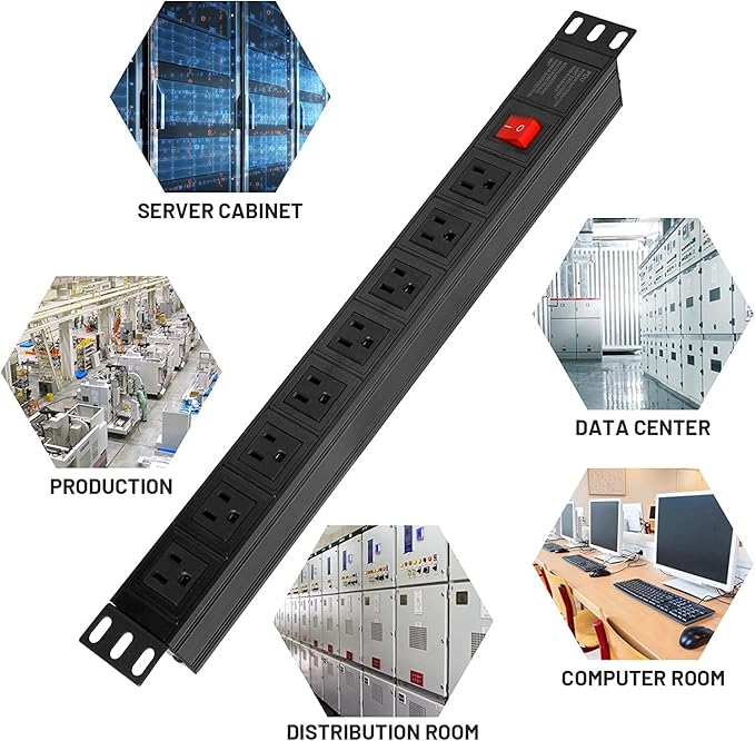 BTU Power Strip Surge Protector Rack-Mount PDU, 8 Right Angle Outlets Wide-Spaced, Mountable Power Strip Heavy Duty for Server Racks, Commercial, 300J (Black 10FT)