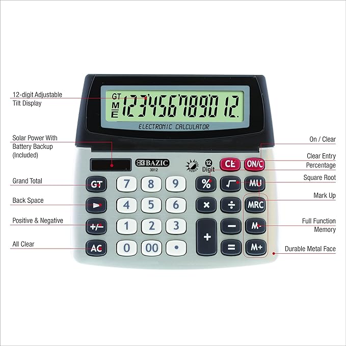 BAZIC 12-Digit Dual Power Desktop Calculator with Adjustable Display (Case of 72) (3012-72)