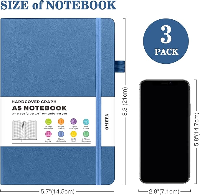 Graph Paper Notebook 3 Pack, A5 Grid Notebook Journal, Graph Notebook with 120gsm Paper, Hardcover Leather Journal for Writing, Grid Paper Notebook for Work, School Supplies, Engineering,5.75" x 8.38"