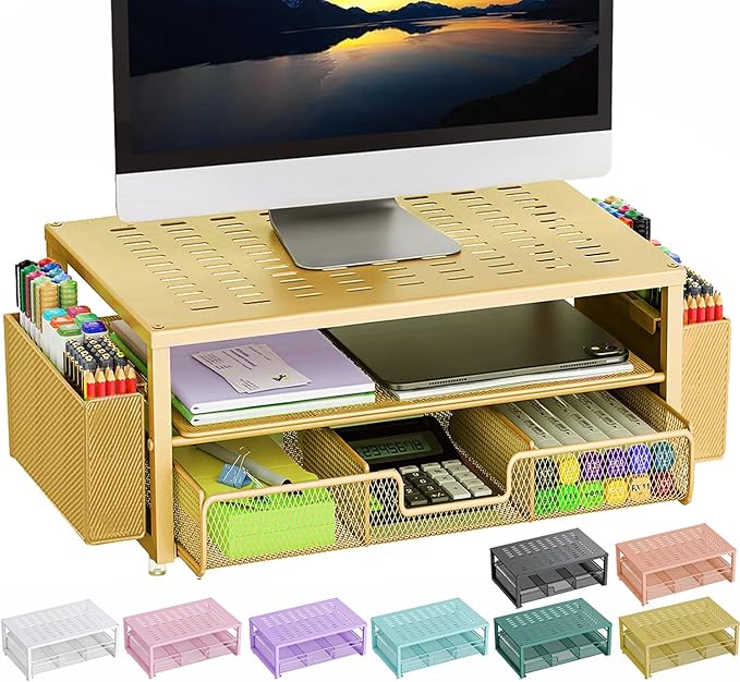 gianotter Desk Organizers and Accessories, Monitor Stand with Drawer and 2 Pen Holder, Desktop Organizer Suitable for Offices and Dormitories (Gold)