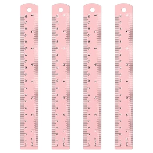 HARFINGTON 4pcs Metal Straight Ruler 20cm Metric SAE Aluminum Alloy Measuring Rulers Scale Tool with Hole for Measure Study Reading Classroom Office, Pink
