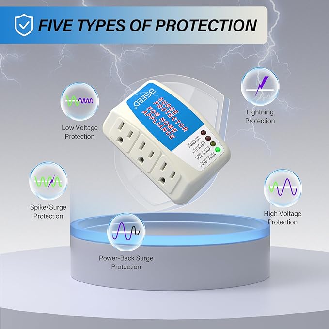 BSEED Surge Protector for Home Appliance 3 Outlet Surge Protector for Refrigerator Voltage Protector for TV, PC, PS5, Air-Conditioning and Other Valuable Household Electronic 125V, 1875W, 4 Pack
