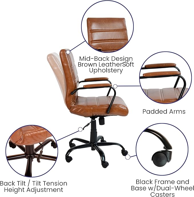 Flash Furniture Whitney Mid-Back Swivel Leather Desk Chair with Padded Seat and Armrests, Adjustable Height Padded Leather Office Chair, Brown/Black