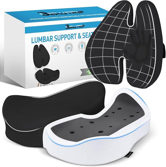 BEAUTRIP Seat Cushion & Lumbar Support Pillow for Office Chair, Car & Wheelchair - Ergonomic Coccyx Cushion for Tailbone, Sciatica & Back Pain Relief - Extra-Dense Charcoal Memory Foam Chair Cushions