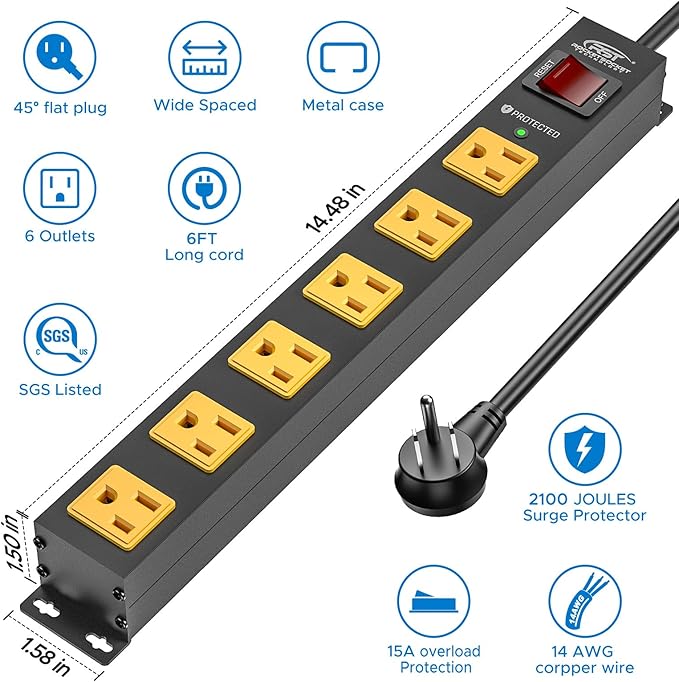 CRST 2Pack 6 Outlet Surge Protector Power Strip 2100J with Switch, 15A/1875W Heavy Duty Mountable Power Strip, Wide Spaced Power Bar for Garage Worshop Home School, 6 FT Cord（ Black+Yellow）