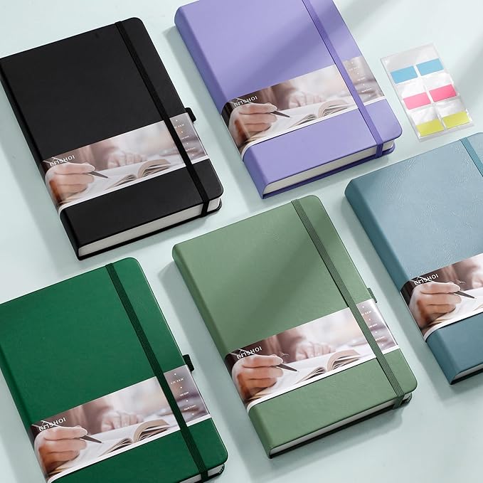 EMSHOI A5 College Ruled Notebook Journal- 400 Pages (200 sheets), 7mm Spacing & Vegan Leather Cover for Work, School, Bible Study, Bullet Journaling- with Sticky Notes, Pocket & Pen Hold- Purple