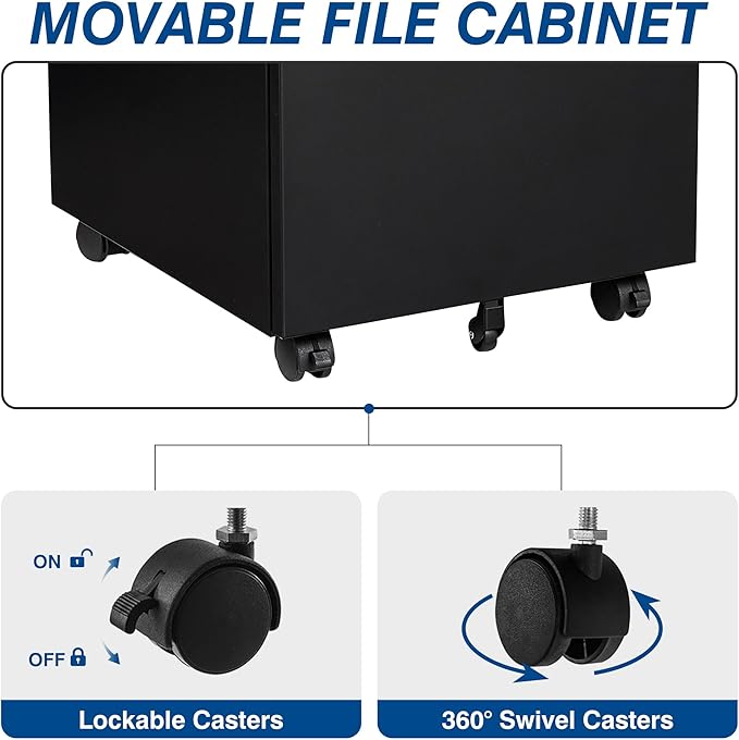 3 Drawer Mobile Metal File Cabinet, Black Filling Cabinets with Lock, Pre-Built Office Storage File Cabinet with Wheels Under Desk - Assembled Required