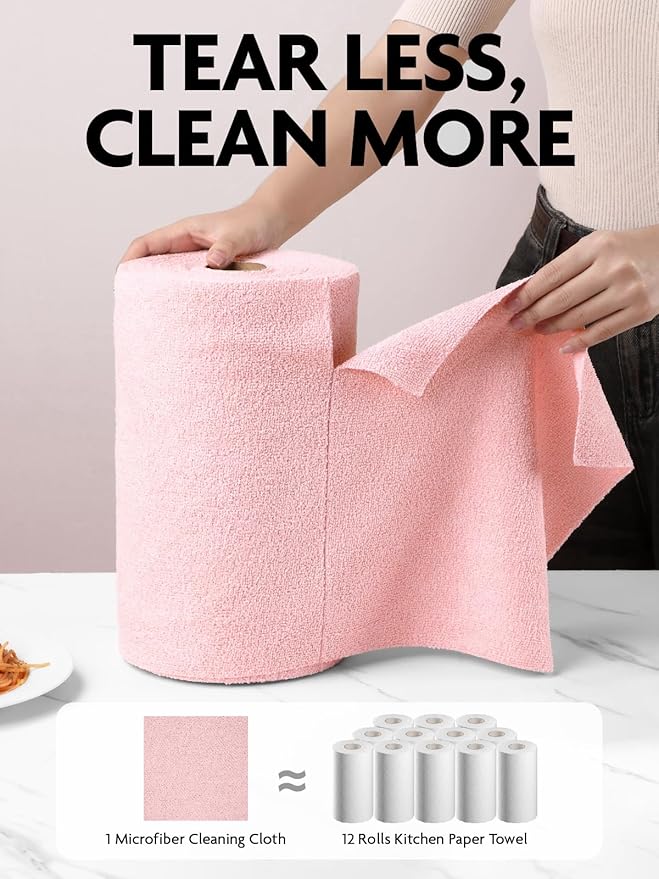 Fantasticlean Microfiber Cleaning Cloth Roll -90 Pack, Tear Away Microfiber Towels, 12" x 12", Reusable, Washable, Scratch Free, Ultra Absorbent Dish Rags for Car, Home, Garage or Shop (Pink)