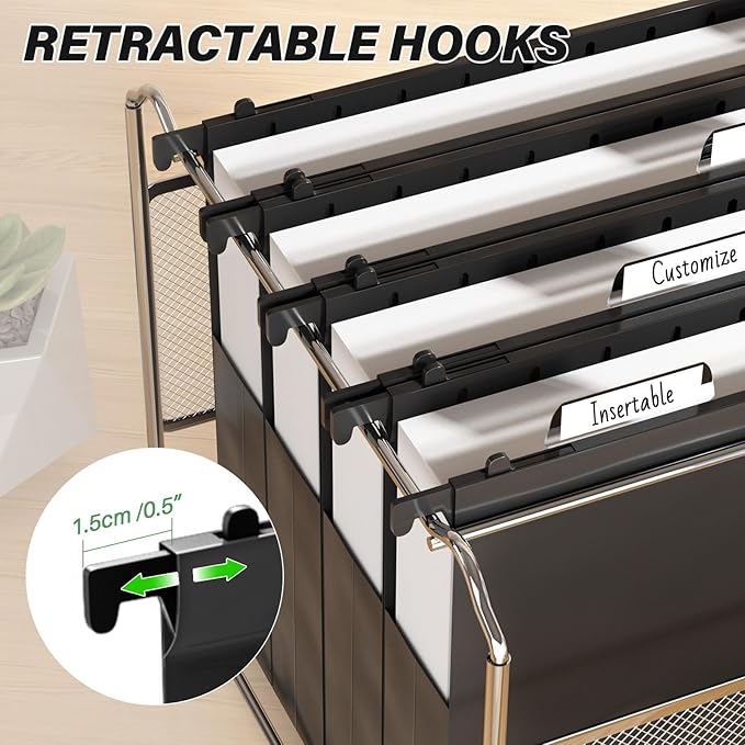 Extra Capacity Expanding Hanging File Folders,2" Plastic Accordian Pocket with Black Insert Gasket,Heavy Duty for Filing Cabinet, Hard and Durable Hang Folders Organizer, Black,Letter Size - 12 Pack