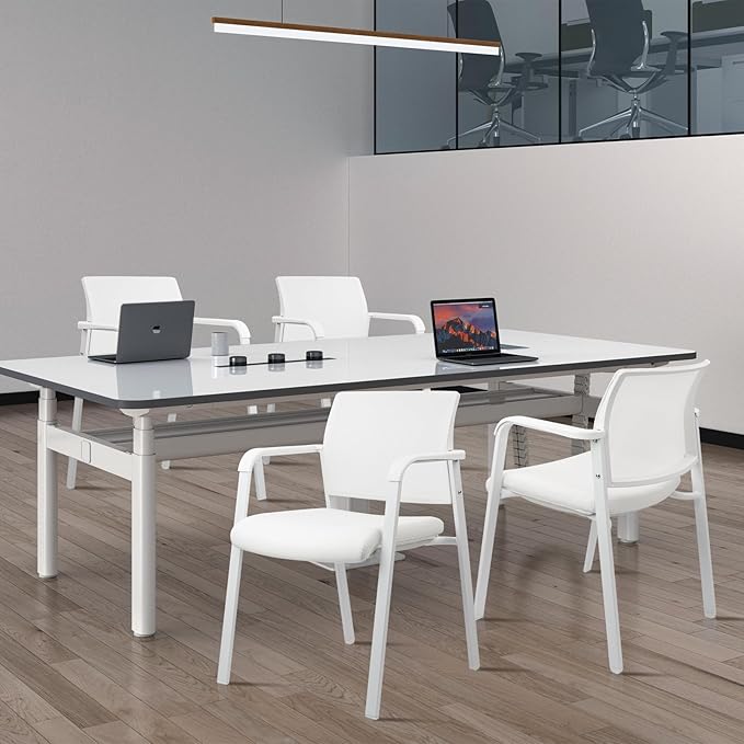 CLATINA Stacking Office Chairs | Mesh Back, Thicken Leather Seat and Arms, Ergonomic Lumbar Support | Guest Reception, Waiting, Conference, School, Party, Customer, Side, Stationary | Set of 4, White