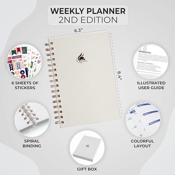 Clever Fox Planner 2nd Edition Spiral – Colorful Weekly & Monthly Goal Planner, Time Management & Productivity Organizer, Undated (White)